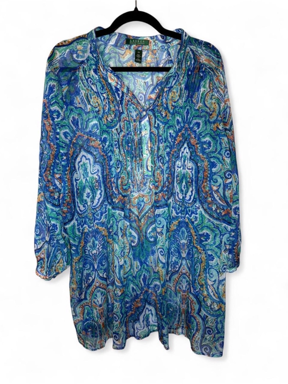 Lauren Ralph Lauren Paisley Tunic Blouse 2X Blue Green Pintuck Button Top